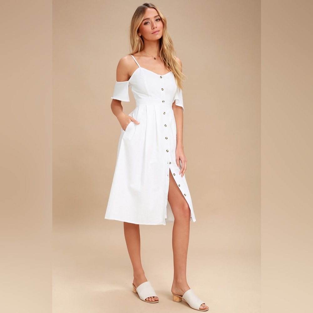 Lulus “I’ve Got Love” White off the shoulder midi dress, Medium NWT small on me